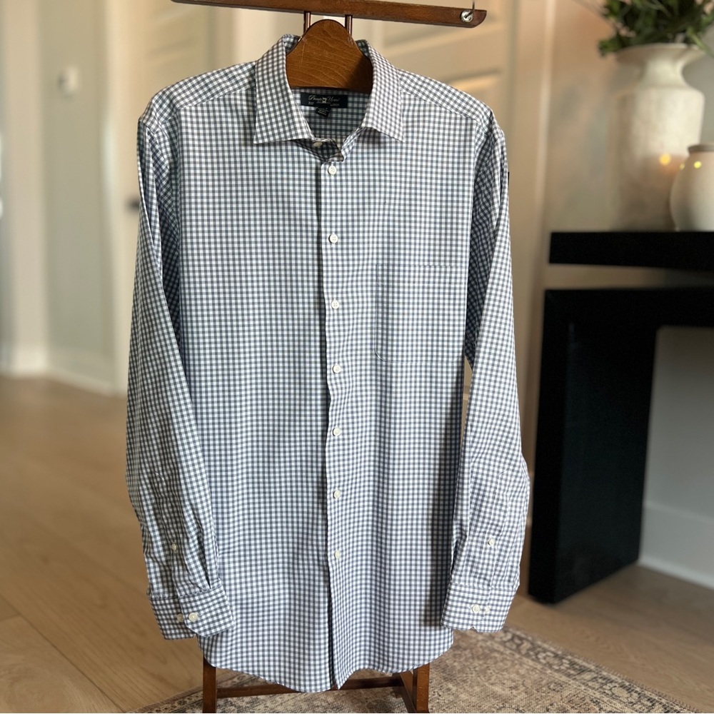 Pronto Uomo Men’s XLT Button-down Dress Shirt Grey White Checkered 100% Cotton